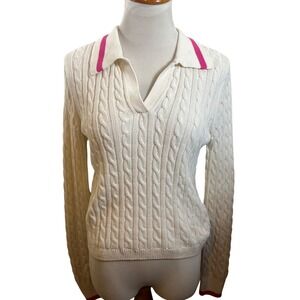 Nicole Miller New York Cream Cable‎ Knit Collared Sweater Top Pink Stripe Size S